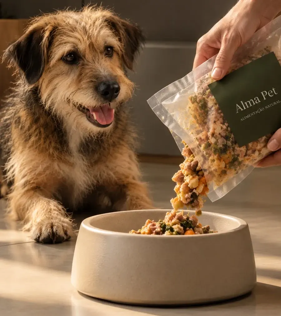 Refeição natural sendo servida com cuidado para um cão