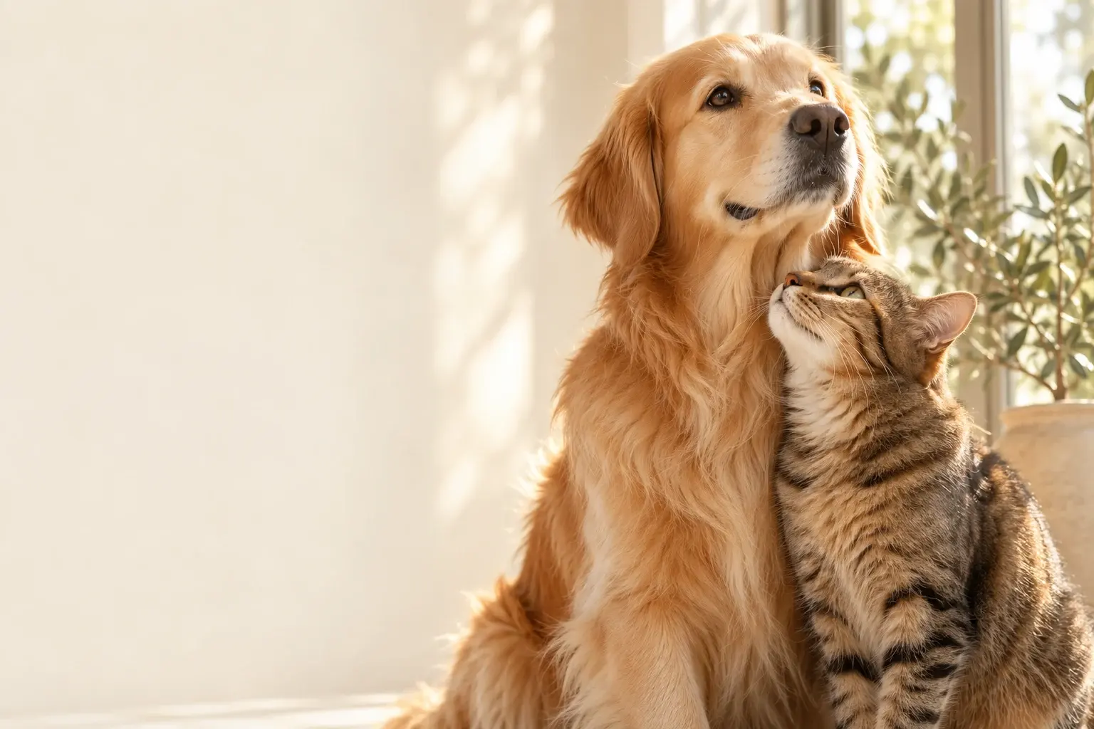 Um golden retriever e um gato juntos, em um momento de carinho à luz do sol
